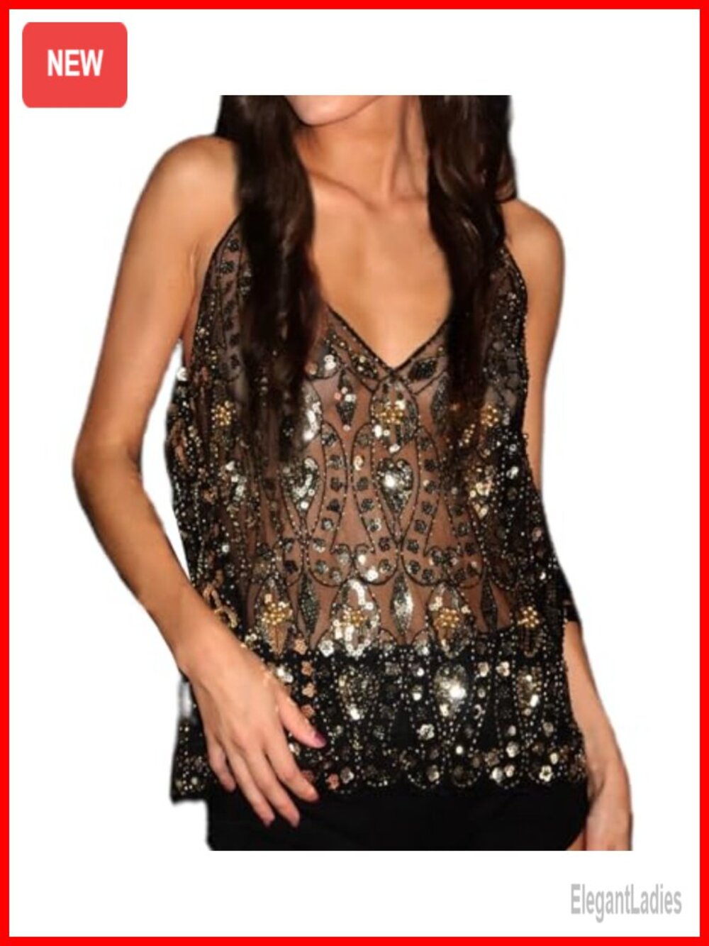 Sequin Sheer Mesh Sleeveless V-Neck Cami For Rave Club Festivals